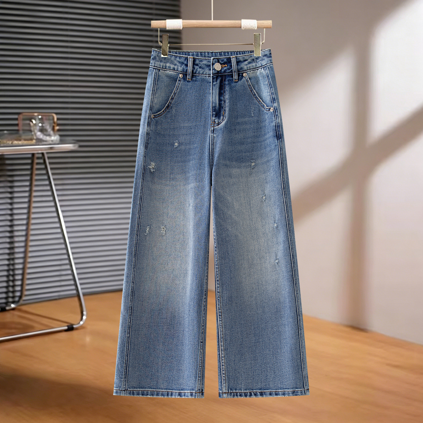 Fashionable Rhinestone-Embellished Petite Wide-Leg Jeans for Women, 2026 Summer New High-Waisted Slim Straight Cropped Pants, Thin Style