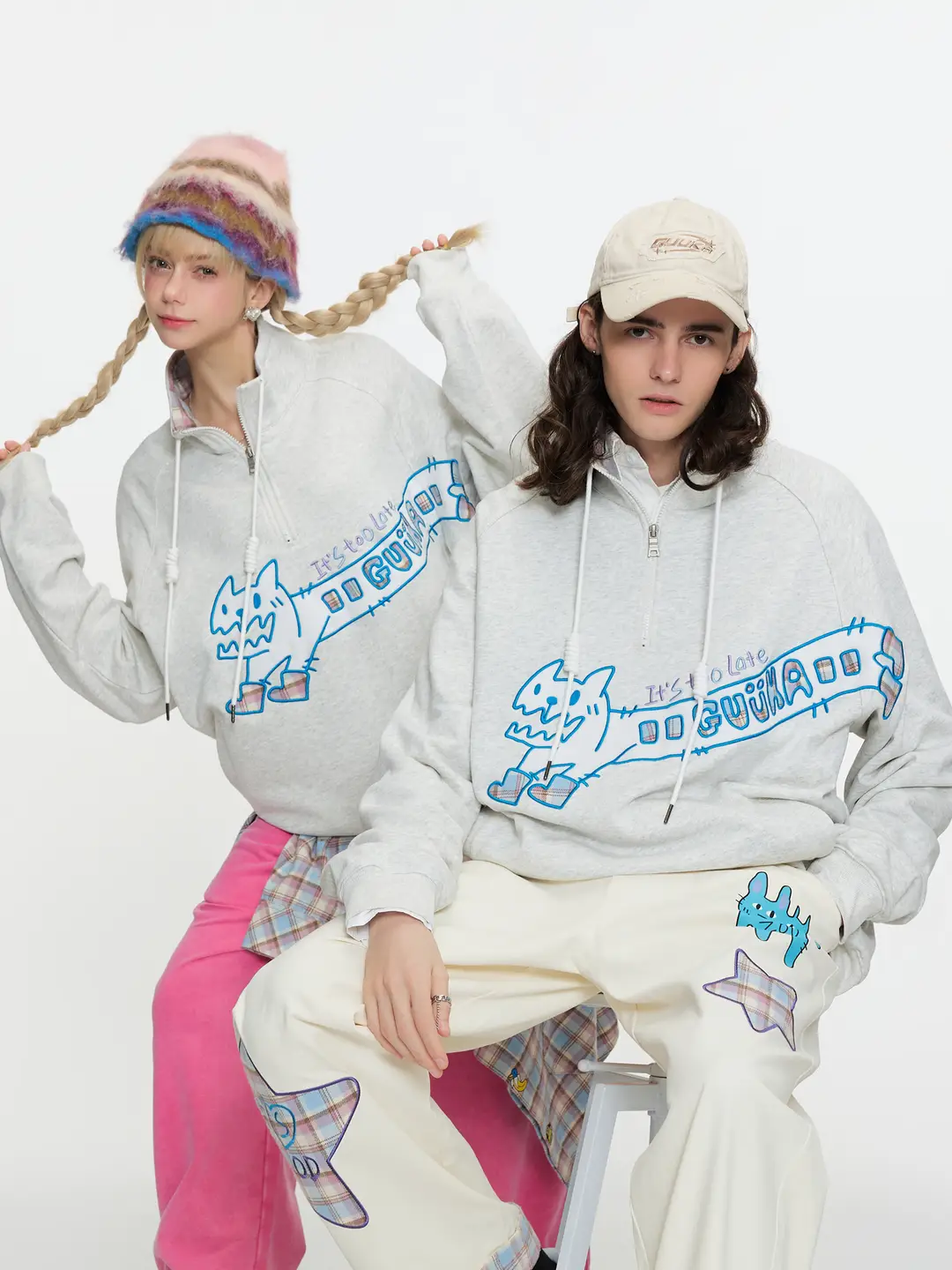 Wuxing Same Guuka Trendy CAT Bus Embroider Half Zipper Sweatshirt Men's Couple Heavy Weight Pullover Loose