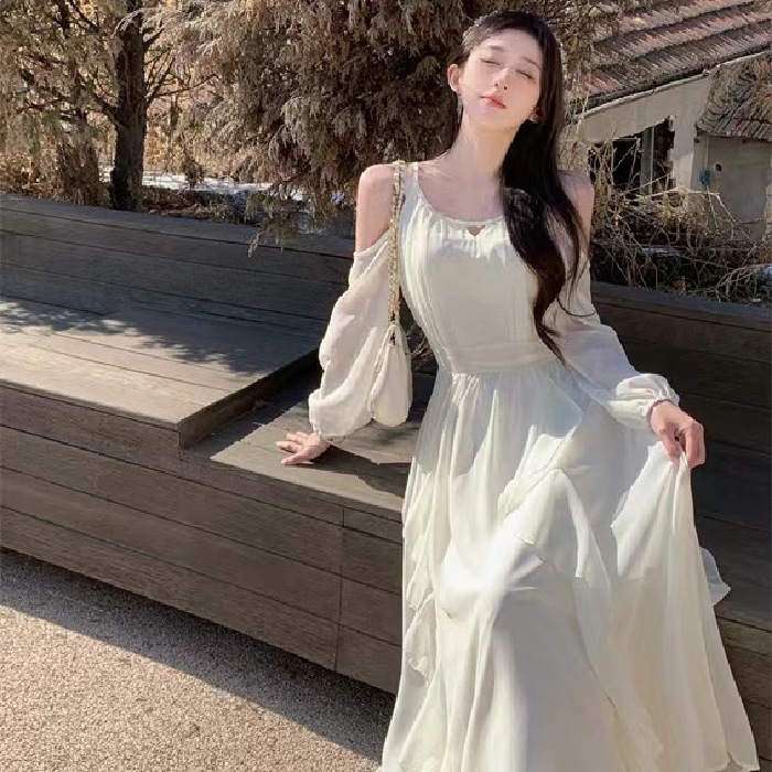 Beautifully Designed, Ultra-Fairy-Like Off-The-Shoulder Long-Sleeve Dress, 2026 New Model, Chic Waist-Cinching Slimming Ruffled Long Dress