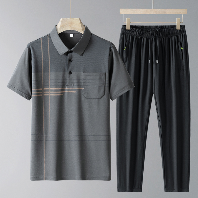 Diyu Shenlong Ice Silk Short Sleeve Polo Shirt Men's Summer New Casual Sports Suit Thin Dad Outfit Ice Silk Pants
