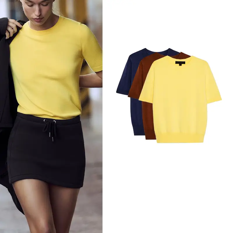 Spring and Summer Women's Simple Style Ribbed Layered Flat-Knit Round Neck Short-Sleeved Basic Knitwear 8851001