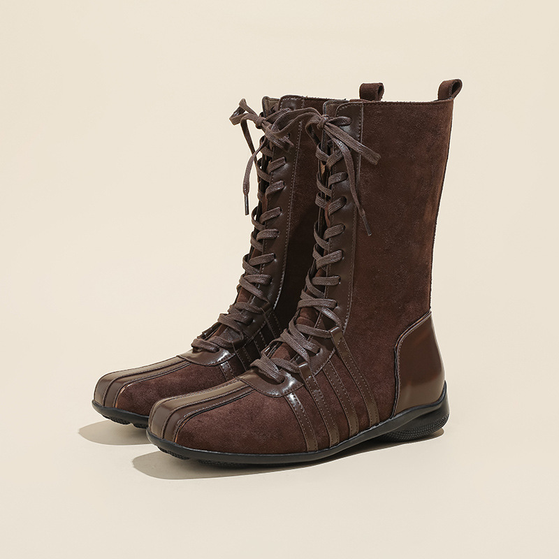 Korean New Retro Knight Ankle Boots for Women 2026 Autumn and Winter Boots Lace-Up Western Boots Niche Flat Color-Blocked Short Boots