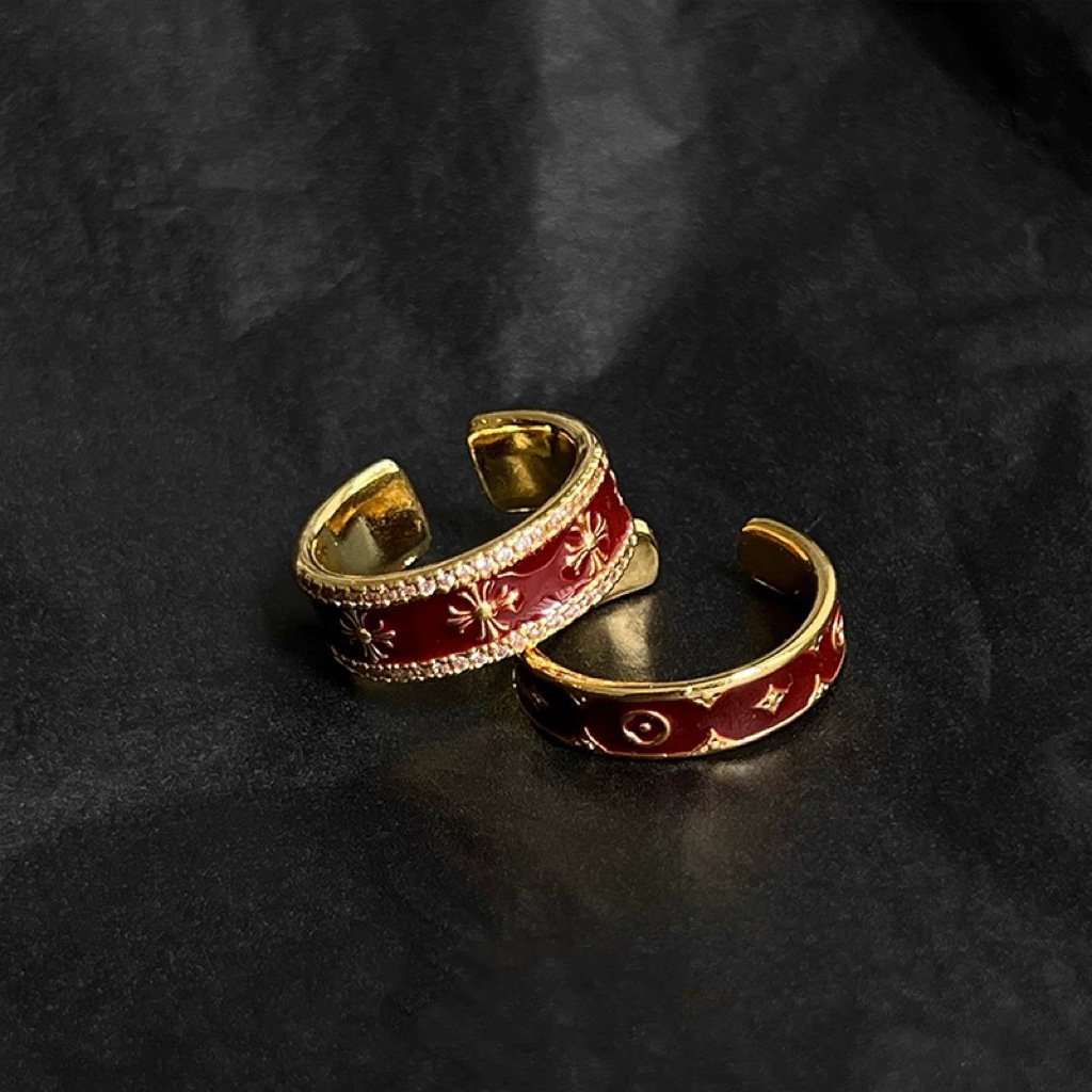 Burgundy Gold Cross Flower Ring Men's Niche Design Diamond Index Finger Ring Women's Accessible Luxury High-End Glue Open Ring