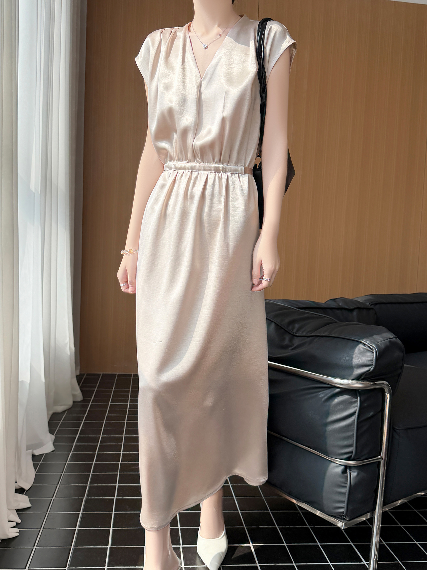 2026 Spring and Summer New Style Silky Satin V-Neck Dress for Women Sleeveless High-Waisted Drawstring Solid Color Draped Mid-Length Skirt