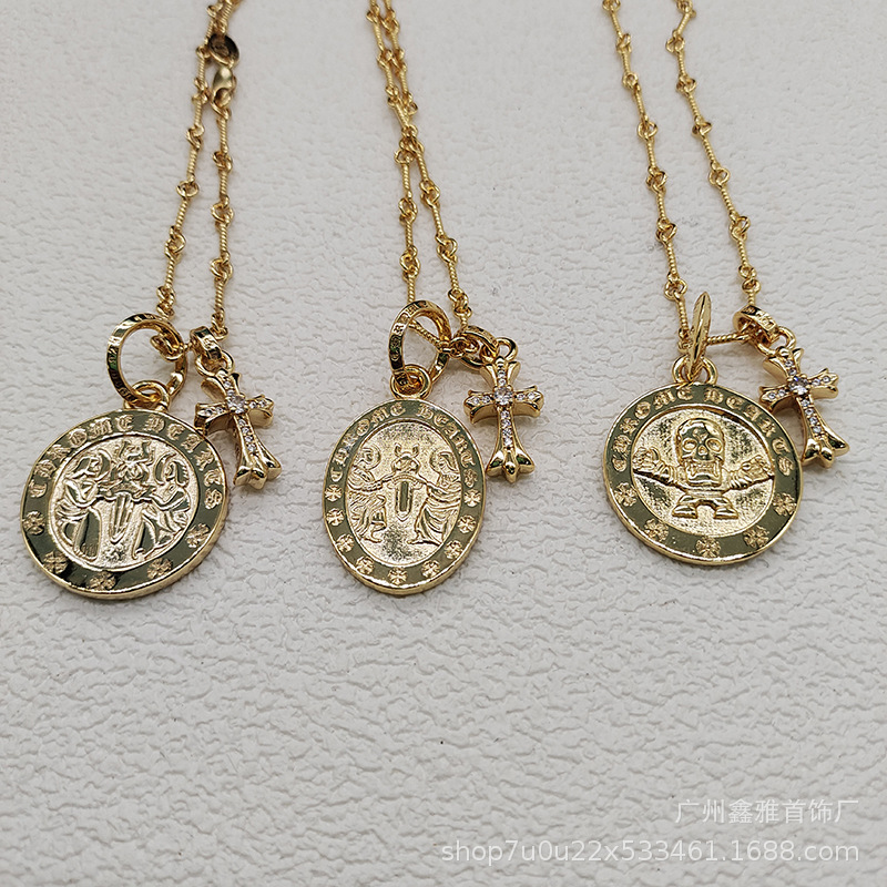 Ch Crowd New Diamond-Encrusted Small Cross Angel Round Pendant Bamboo Necklace Skull Pendant Couple Style