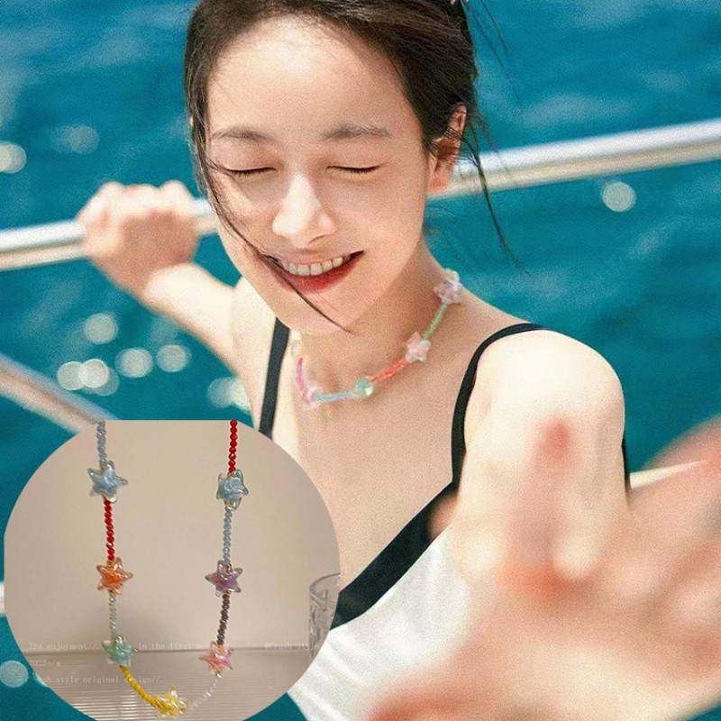 Xiaohongshu Same Style Summer New Colorful Star Beaded Necklace Wholesale Niche Versatile High-End Clavicle Chain for Women