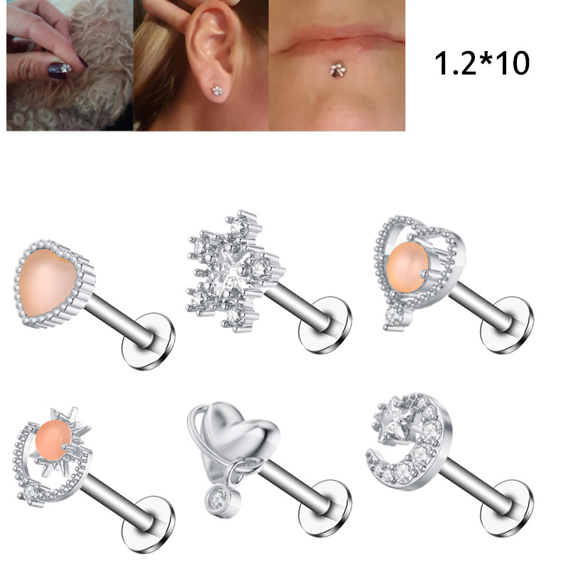 AliExpress Hot Sale Stainless Steel Simple Snowflake Zircon Ear Bone Nail Protein Peach Heart Series Lip Nail Cross-border Puncture