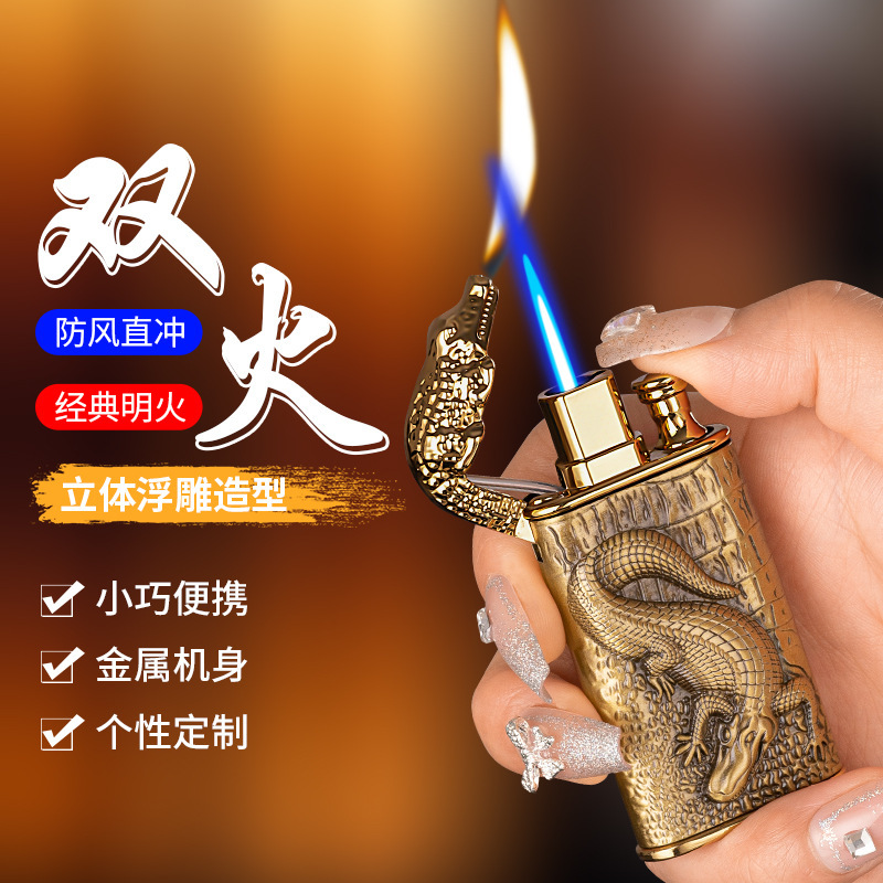 Double fire crocodile head gas lighter metal three-dimensional relief straight conversion open flame lighter wholesale cross-border