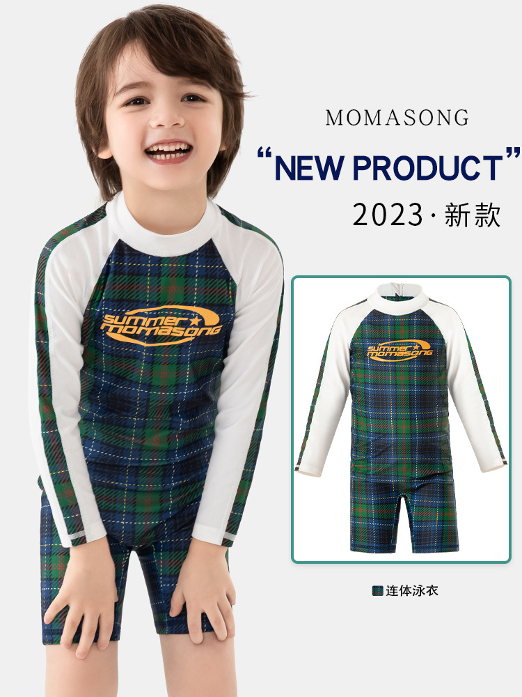 Momasong Children's Swimsuit Boy's Long-Sleeved Sunscreen Swimsuit ins Vintage Plaid Girls' One-Piece Swimsuit