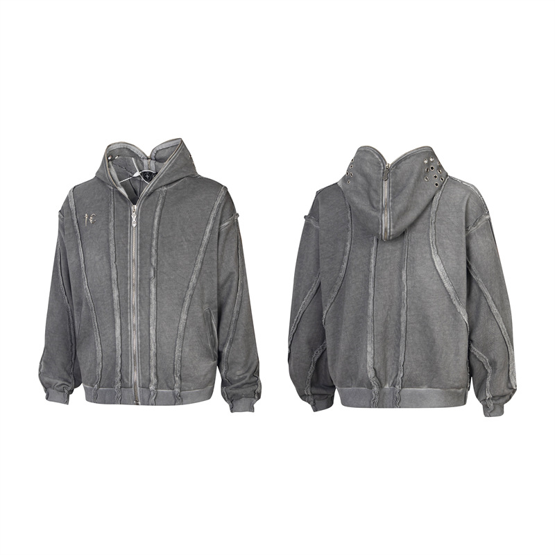 high quality THUG CLUB Simple Heavy Wash Old Destruction South Korea Fashion Brand Men's and Women's Zipper Hooded Sweater