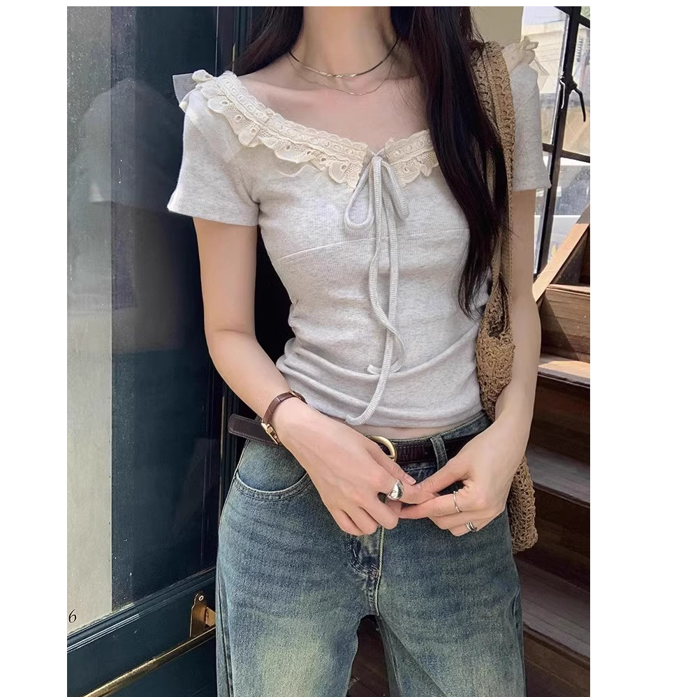 220g 2*2 cotton pit lace lace short sleeve T-shirt summer new design sense short coat hot girl style