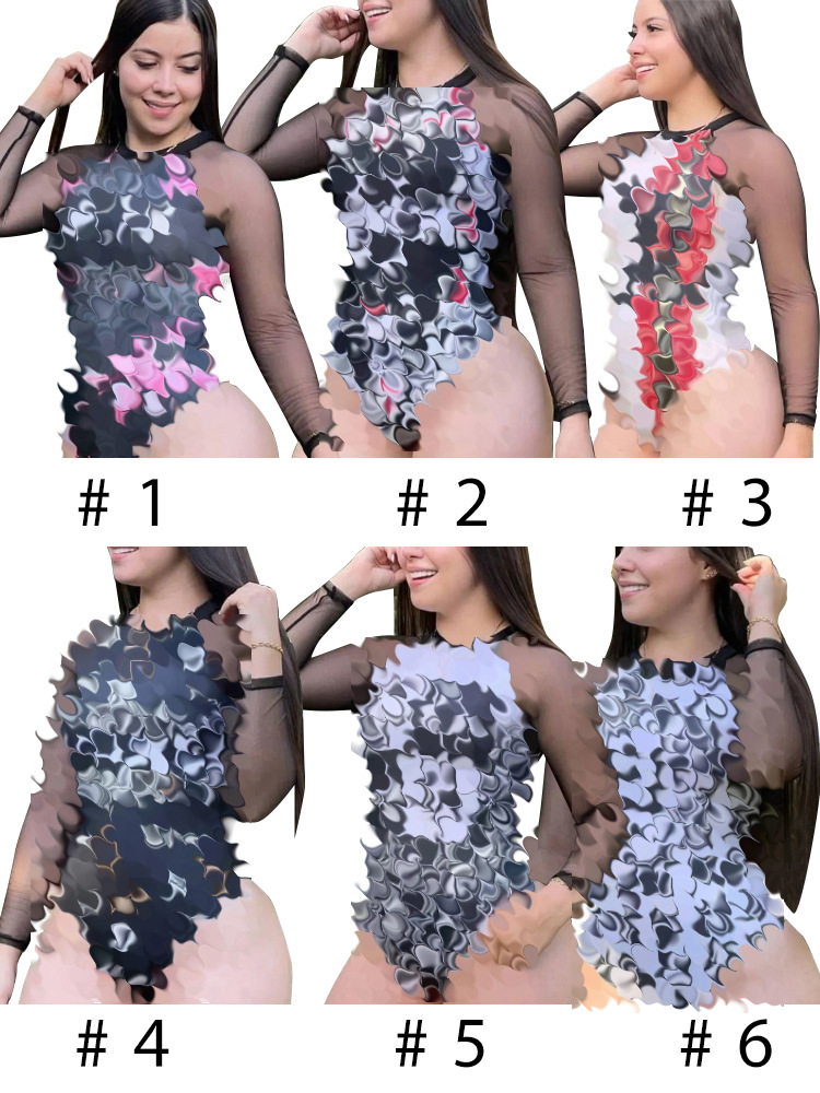 Y71502 European and American Cross-border Women's High Elastic Soft Sexy Printed Mesh Stitching Invisible Zipper One-piece Swimsuit