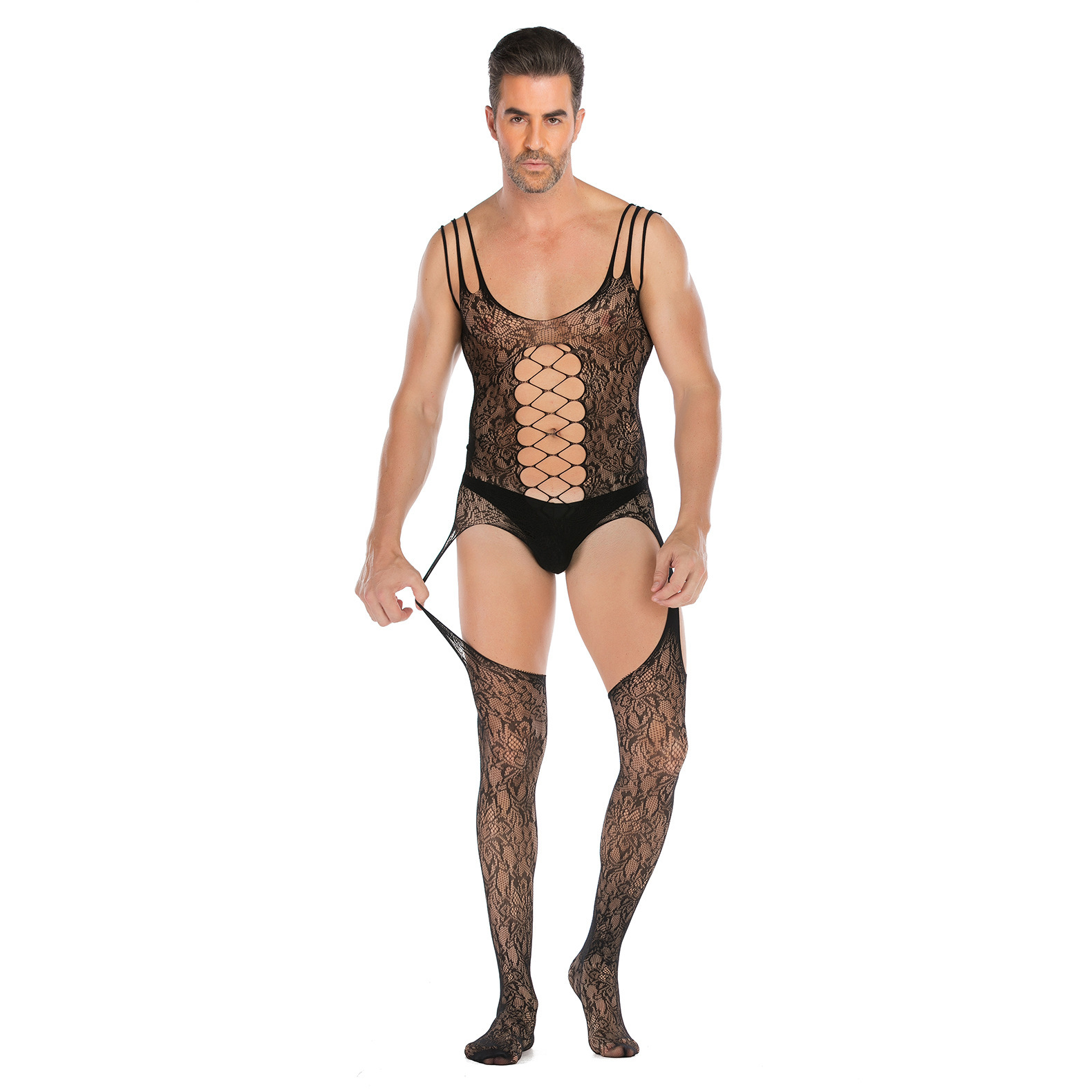 Amazon Sleeveless Jacquard High Split Mesh Sexy Open Full Body Sexy Men's Mesh Mesh Mesh Socks