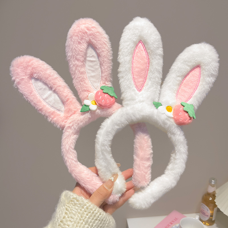 Cute Strawberry Flower Rabbit Ear Headband Women's Winter Plush Pressed Hair Headband Children's Hair Bundle Hair Clip Headwear