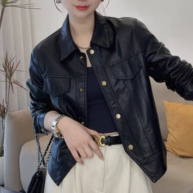 All-Net Low Price Spring and Autumn Thin Stylish Fashion Short Lapel PU Leather Women's Coat Jacket Button Clothes