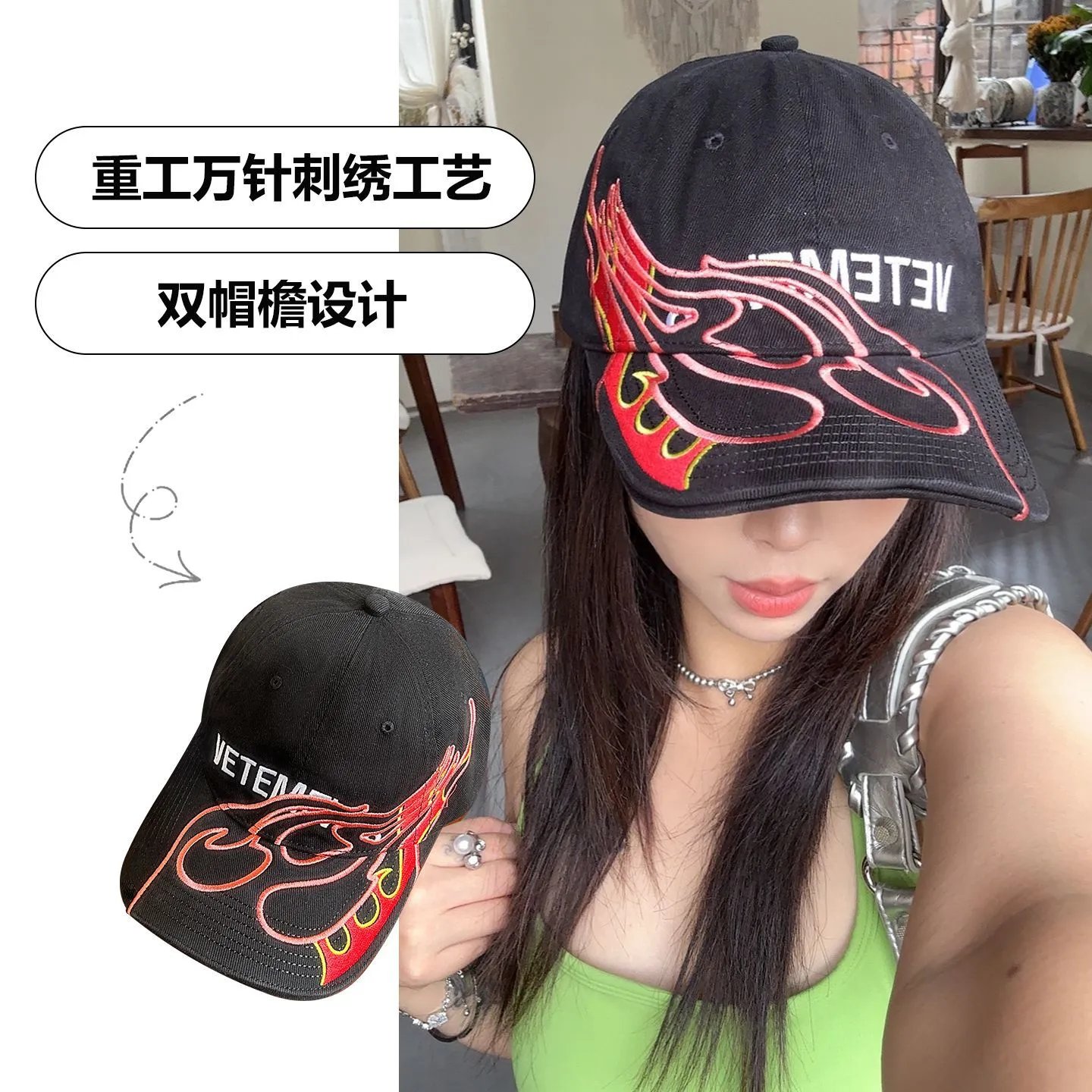 火焰刺绣字母做旧棒球帽女嘻哈软顶街头大头围鸭舌帽男潮-MLMLSPTS0606