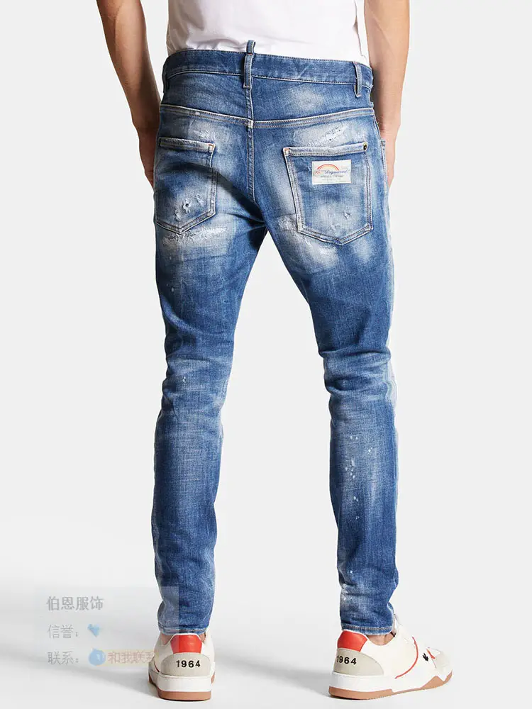 New Designer D2 Denim Men's Washed Heavy Craft Patch European Designer Stretch silm All Year Round