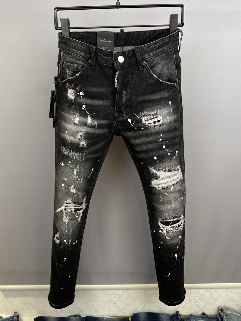 9859 2023D2 Hole Fashion Men's Denim Trousers Quadratic Personality Small Straight Leg Cross-border Trendy Jeans