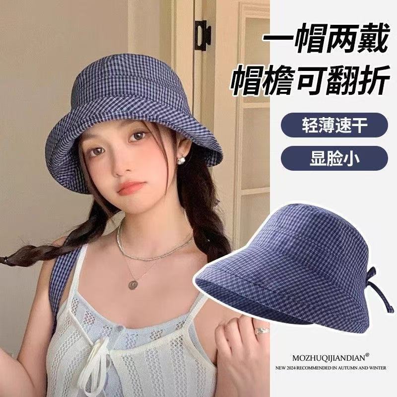Summer New Japanese Plaid Curling All-match Quick-drying Fisherman Hat Fashion Sunshade Sun Protection Face Showing Small Basin Hat