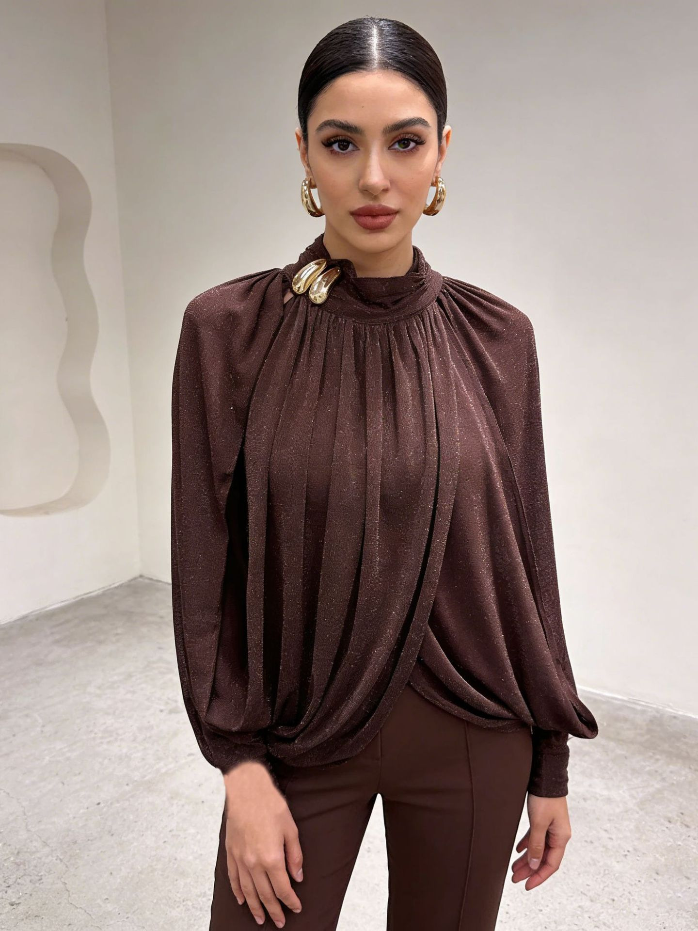 2026 Spring New European and American Style Cross-Border Lazy Style Round Neck Loose Fit Versatile Design Long-Sleeve Top for Women