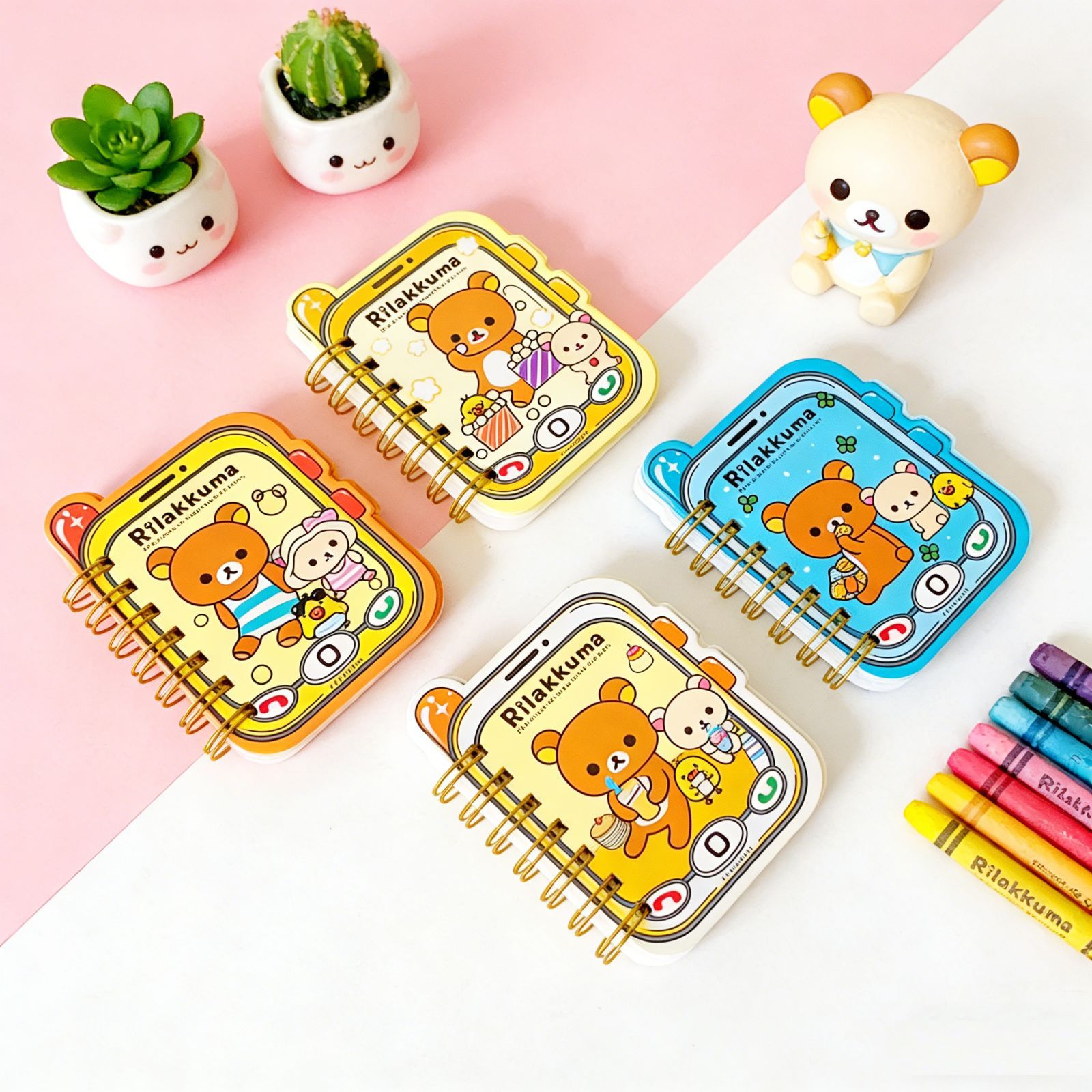 Mai Pin Stationery Rilakkuma Phone-Shaped Mini Spiral Notebook with Colored Pages for Students to Carry and Use as a Notepad