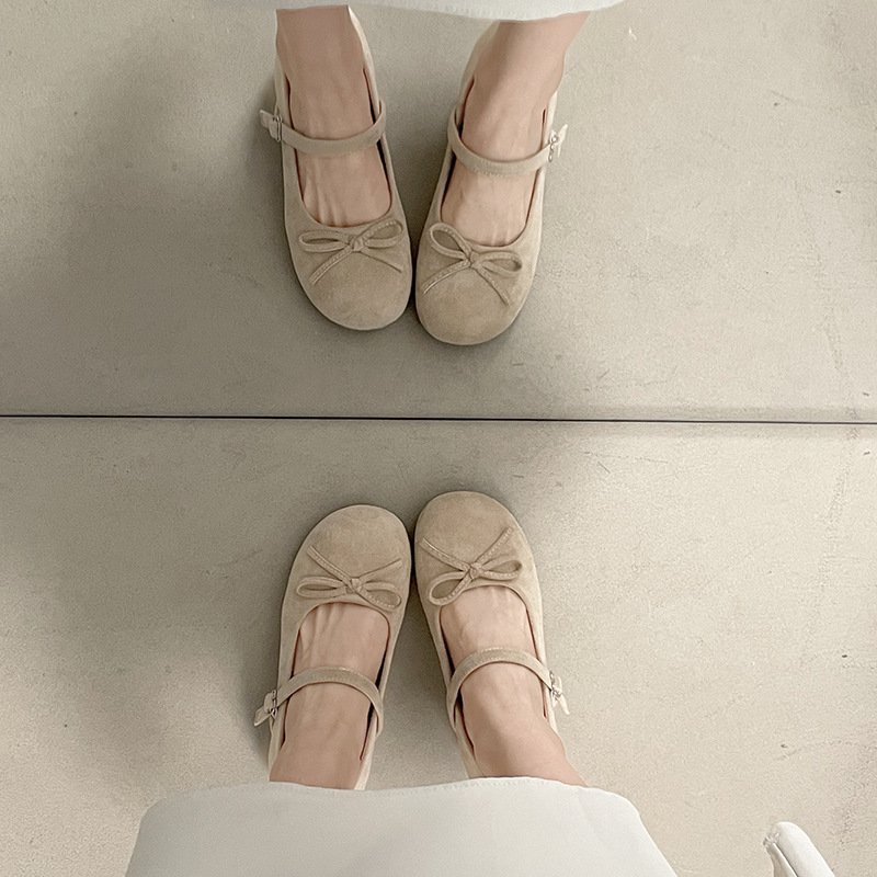 Retro Round-Toe Bow-Knot Mary Jane Shoes for Women, Spring French Style, Velvet Flat Ballet Shoes with Hidden Height Increase