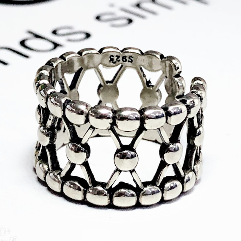 Korean Style Dongdaemun Bow Open Ring Women's Vintage Distressed Wide Face Distinctive Hollow Point Mesh Ring Jewelry