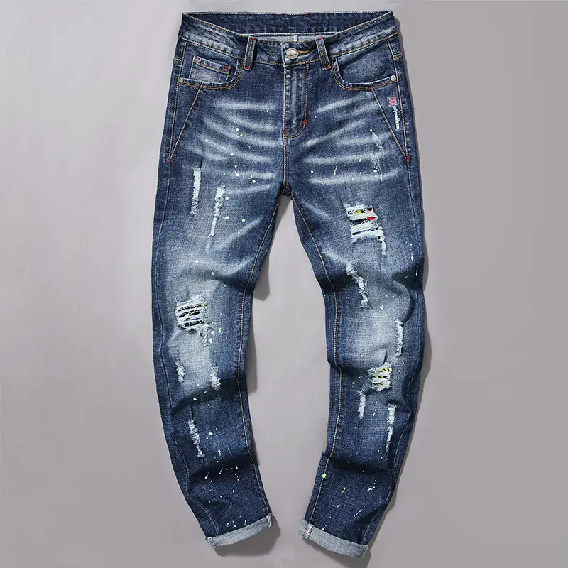 2025 Trendy Ripped Jeans Men's Korean Style Slim Patch Small Leg Pants Casual Men's Pants Casual and Easiest for Match