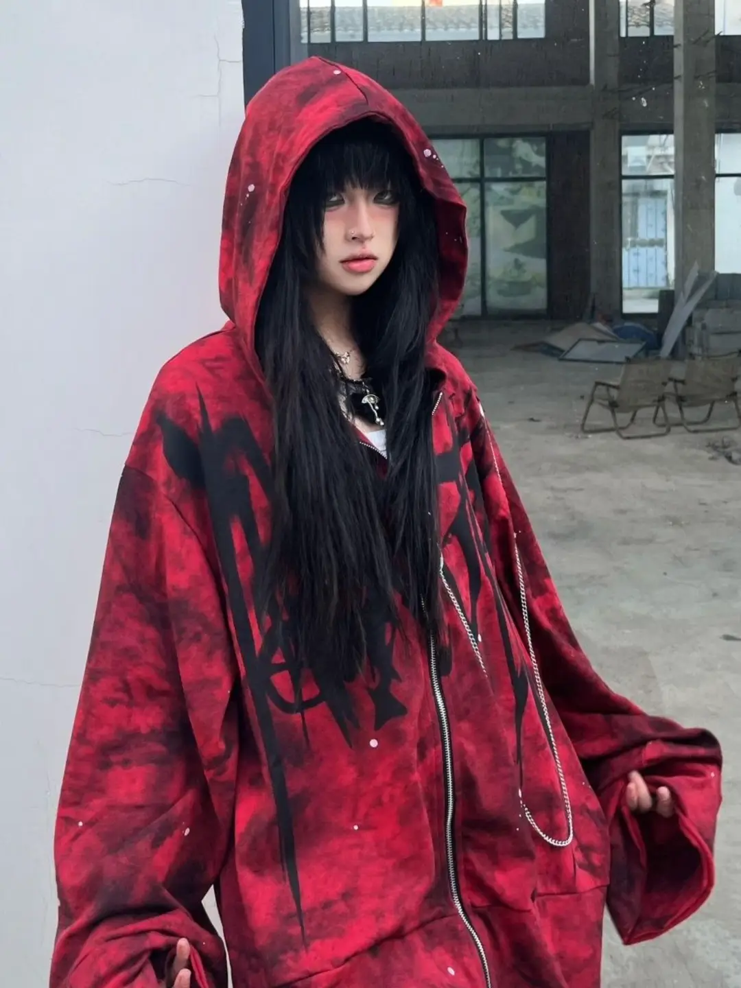 Spring and Autumn Punk Dark Rock Style Zipper Cardigan Graffiti Print Splatter Ink Hooded Sweatshirt Subculture Jacket Top