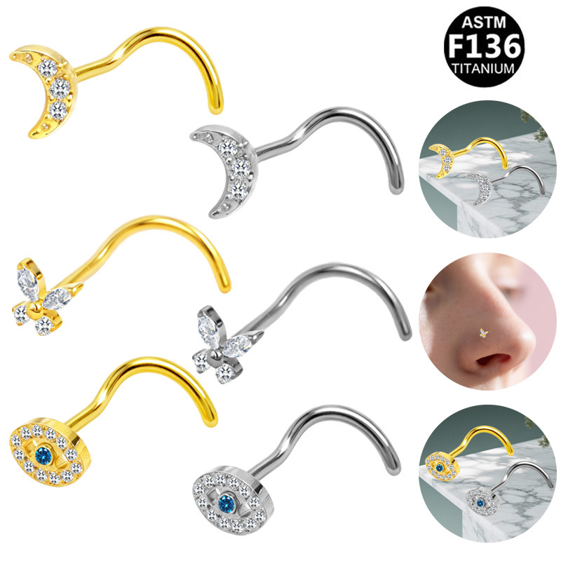 Gabe European and American Cross-Border F136 Titanium Alloy Moon Butterfly Zircon Nose Stud S-Bar Piercing Jewelry Nose Ring Wholesale