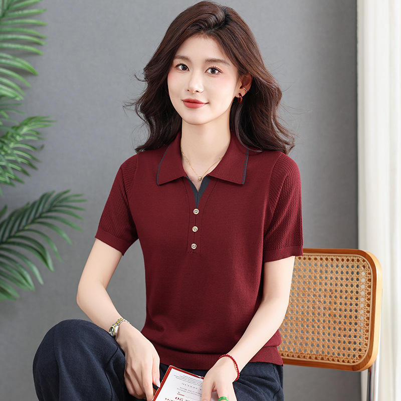 High-End Mom Fashion 2026 Spring/Summer New Style Thin Wool Sweater Short-Sleeve T-Shirt Polo Collar Knit Top for Women