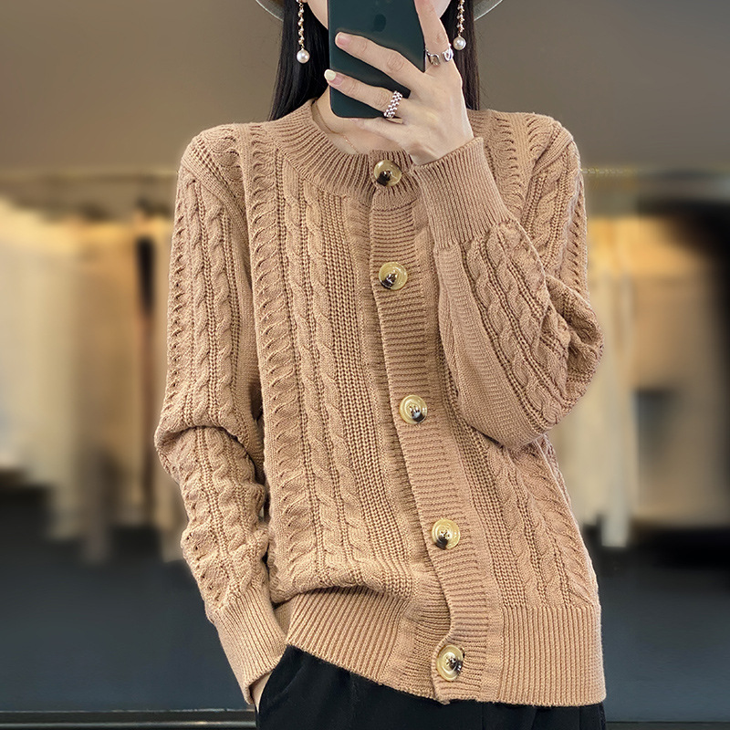 Spring and Autumn new cotton knitted cardigan for women fashionable western style round neck long sleeve retro twist sweater coat for women