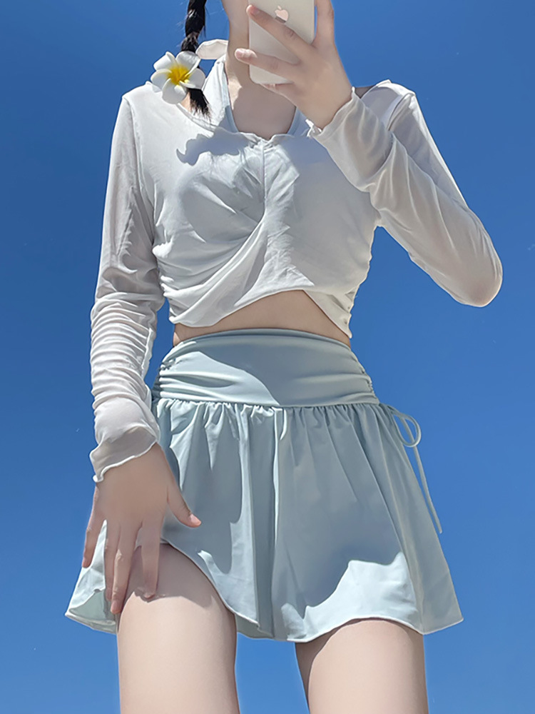 2025 New Swimsuit for Female Students Split Sports Long-Sleeved Pure Lust Elegant Cut Out High Waist Slimming Look Blouse to Prevent Exposure