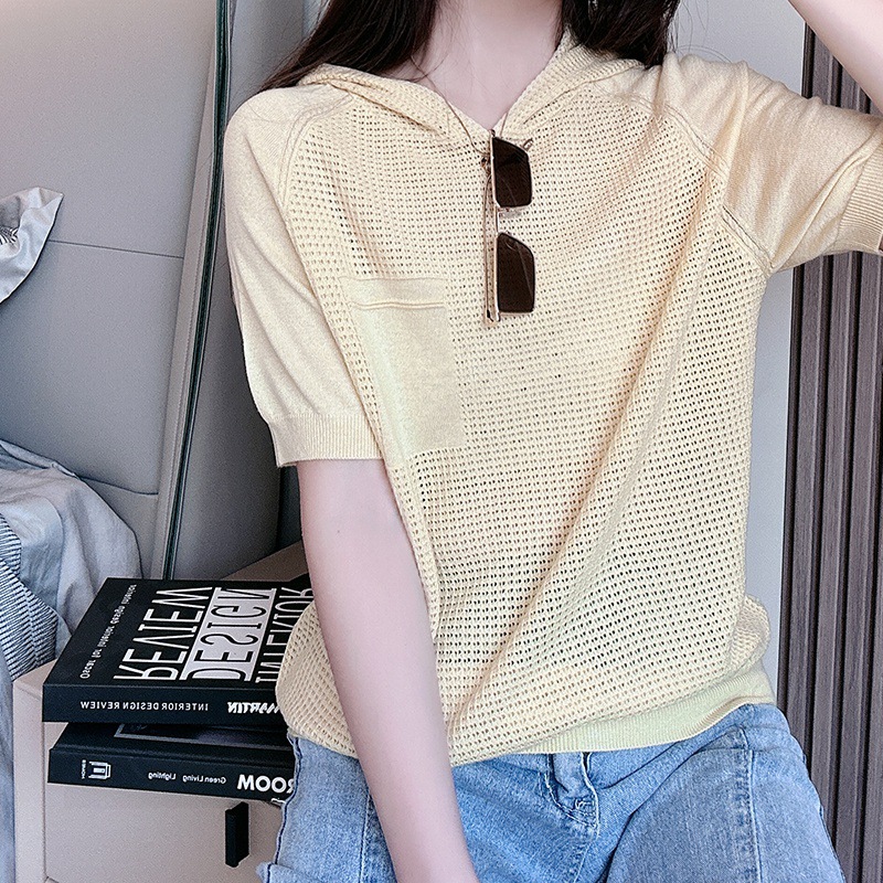 23 Summer New Hollow Hooded Short-sleeved T-shirt Women's Tencel Knitted Shirt Top Contrast Color Thin Slim Half-sleeved