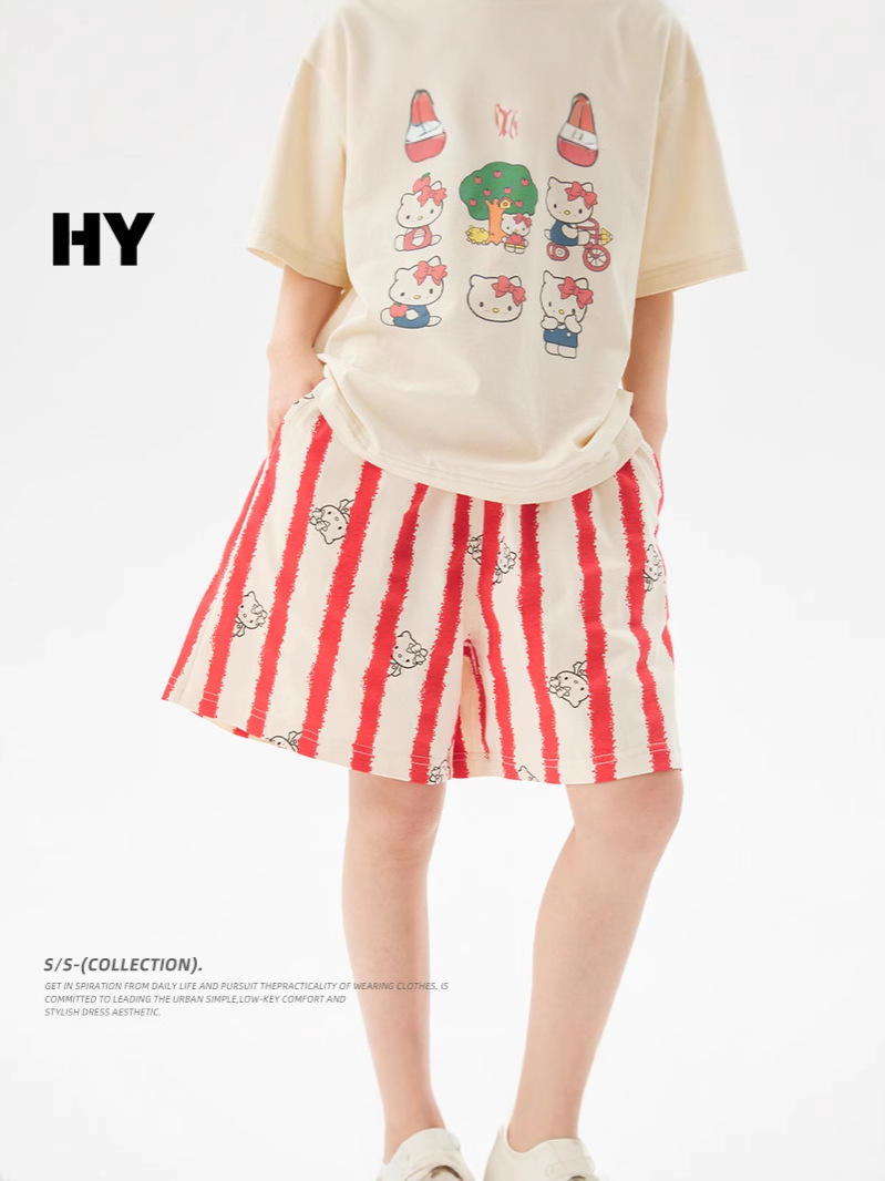 【Kaka Harajuku】2026 Summer New Casual Shorts Cartoon Japanese Style Striped Loose Fit for Girls and Teenagers Versatile