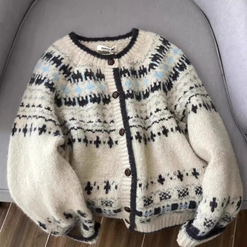 Kaning Retro Jacquard Round Neck Knitted Sweater 2026 Autumn and Winter New Style Single-Breasted Loose Fair Isle Sweater for Women