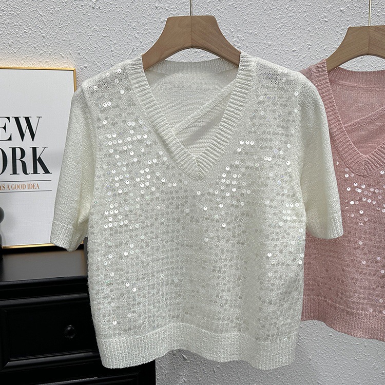 White Short-sleeved Sweater Women's Summer Design Sense V-neck Hollow-out Sequin T-shirt High-end Chic Temperament Top Clothes