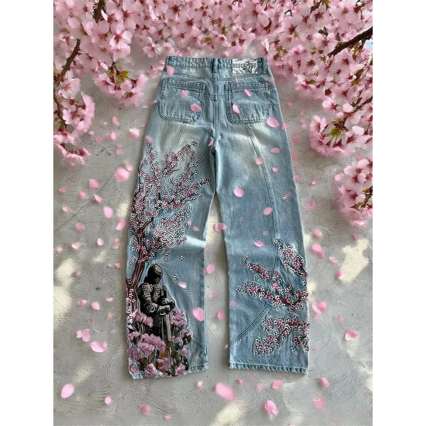 Vintage Cherry Blossom Black Knight Embroidery Jeans Y2K Retro
