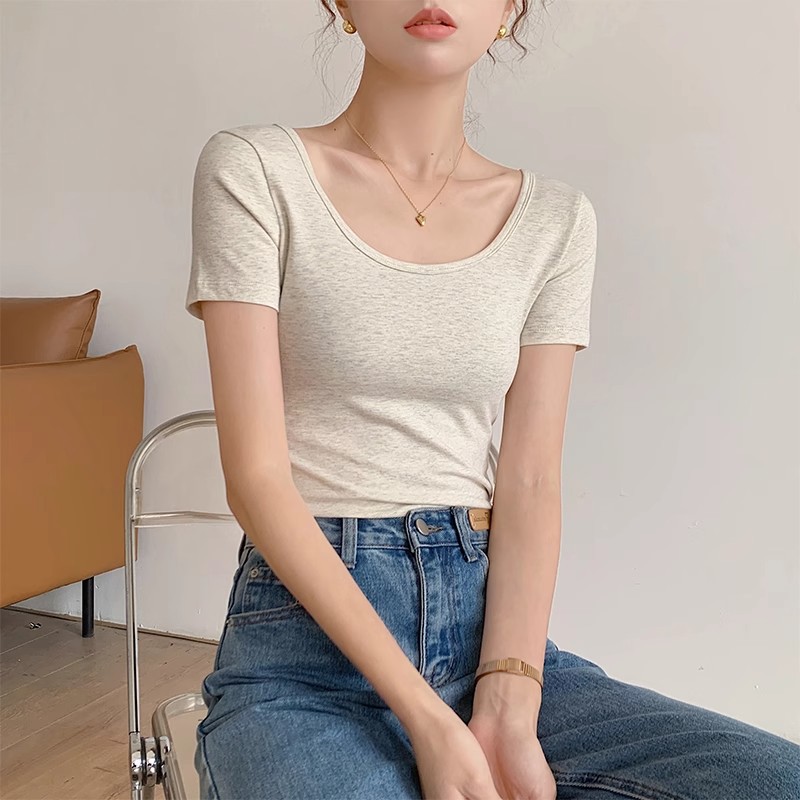 U-Neck White T-Shirt Women's Short-Sleeved Summer 2025 New Slim-Fitting Bottoming with Large Neckline Right Shoulder Short-Sleeved Low-Neck Top