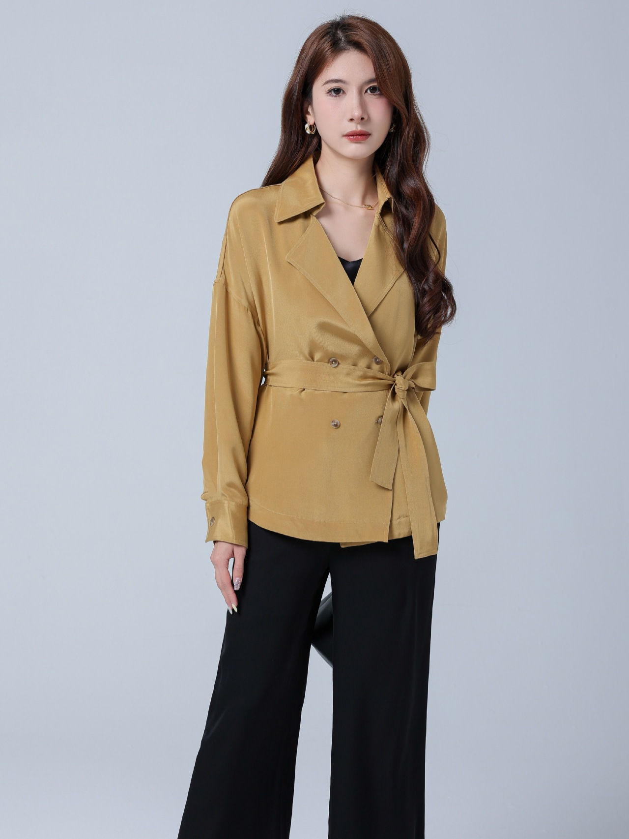 New Heavy Silk Coat Mulberry Silk Trench Coat plus size Long Sleeve Autumn Commuter Wear Women's Retro Small