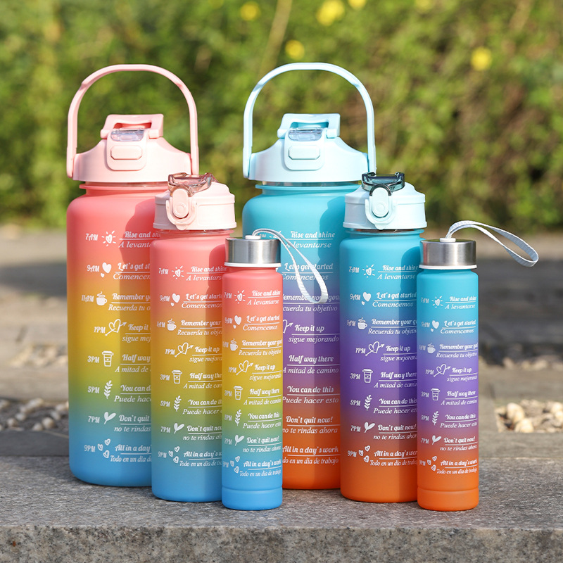 Large-Capacity Three-Piece Cup with Gradient Color Internet Celebrity Plastic Water Cup for Men and Women Sports Water Bottle with Pop-Up Lid Rainbow Cup Portable