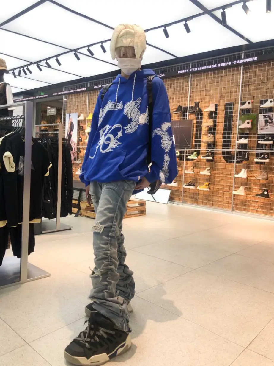 Without Me/Vamhrt Distressed Painted Waxed Vintage Washed Denim Unisex Stacked pants