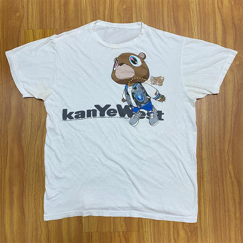 Kanye Short-Sleeved American-Style Trendy Street Oversize Summer Simple Round-Neck Bear Print Loose Couple T-Shirt