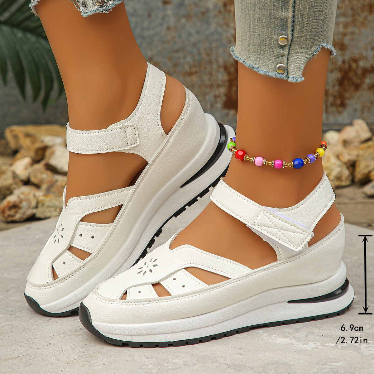 Cross-Border Export Large Size Sandals for Women 2025 Spring New European and American Roman Cut Out Velcro Women's Shoes Size 43