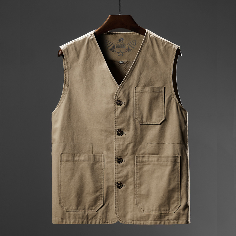 Men's Extra Large Cotton V-neck Vest for Middle-aged and Elderly Casual Fishing Waistcoat Work Uniform for Foreign Trade Dad