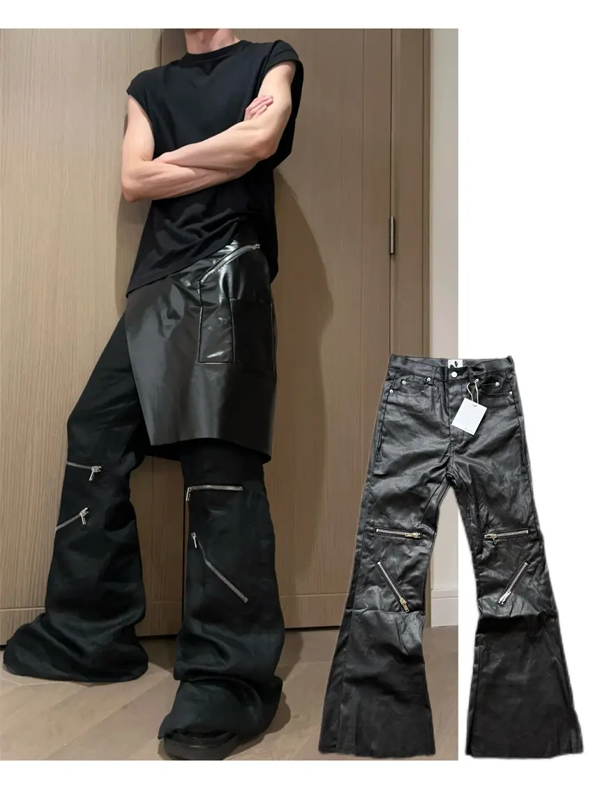 Ro Style 25Ss New Original Wax-Coated Knee Zipper Slim Fit Flared Hem Floor-Length Frayed Casual Pants for Men and Women