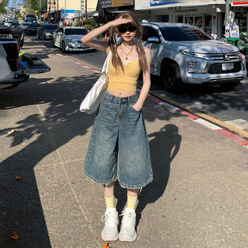 American Retro Loose Wide-Leg Jeans for Women, 2026 Summer New High-Waisted Slimming Distressed Straight-Leg Cropped Pants