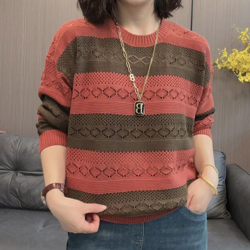 Early Spring New Women's Striped Knitwear Casual Fashion All-match High-end Hollow-out Sweater Slimming Age-reducing Top