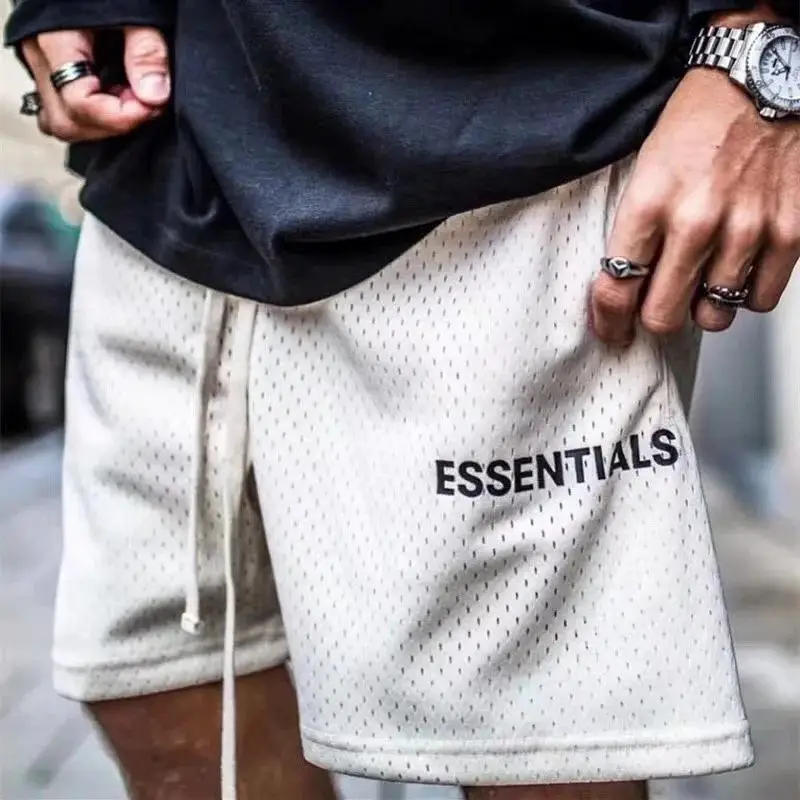 FOG 19ss essentials logo mesh shorts ess字母印花基础款美潮高街网眼透气速干抽绳黑灰米色短裤五分裤大裤衩 gg
