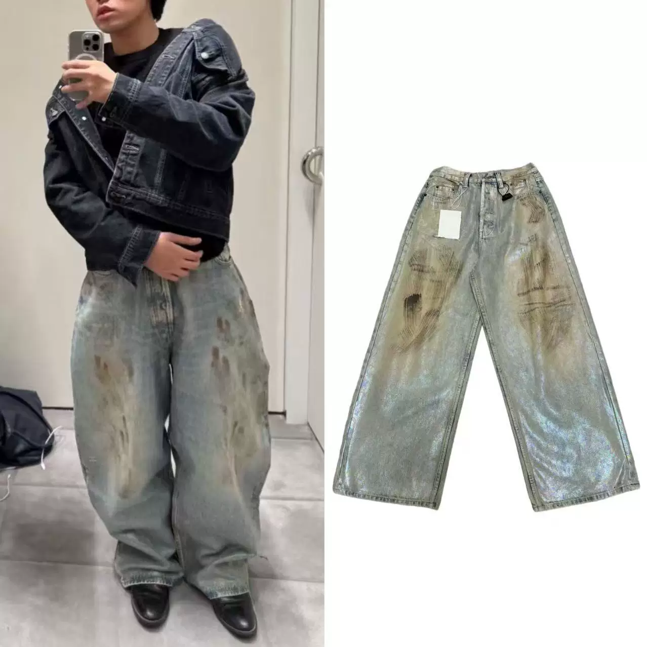 Original AC Style 25ss New Heavy Industry Electroplating Mermaid Ji Colorful Coating Doing Old Splashing Ink Washing Jeans